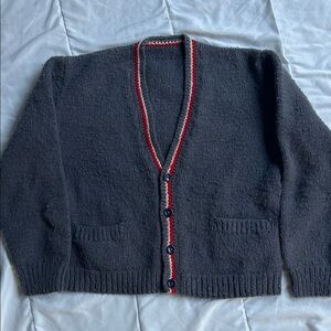 Women’s blue hand knit Cardigan Sweater. Classic, well worn grandpa vibes